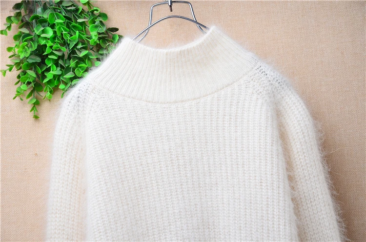 Ladies Women Autumn Winter Clothing Fashion Beige Hairy Angora Rabbit Hair Knitted Turtleneck Long Sleeve Loose Pullover Sweater