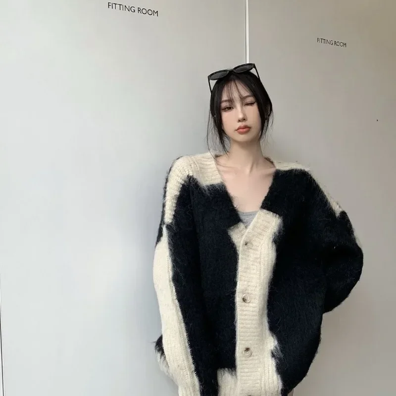 V-neck Cardigan for Women Korean Fashion New Knit Oversize Sweaters Long Sleeve Patchwork Jumper Female Fall Vintage Loose