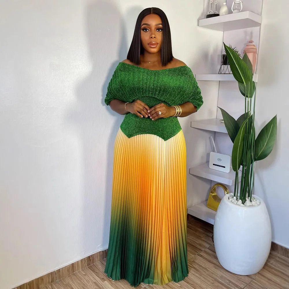 

Африканские юбки, костюм, женский топ, плиссированная длинная юбка, комплект из 2 предметов, градиентные топы с короткими рукавами и v-образным вырезом, уличная одежда, африканский ансамбль