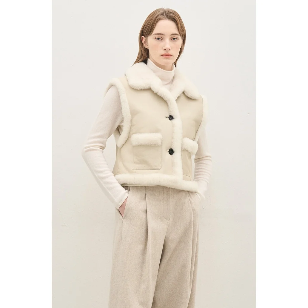 Fur And Leather Short Vest Fluffy Soft Non-Shedding Collar Commute Versatile Top Short Outerwear Women's Warm  Color