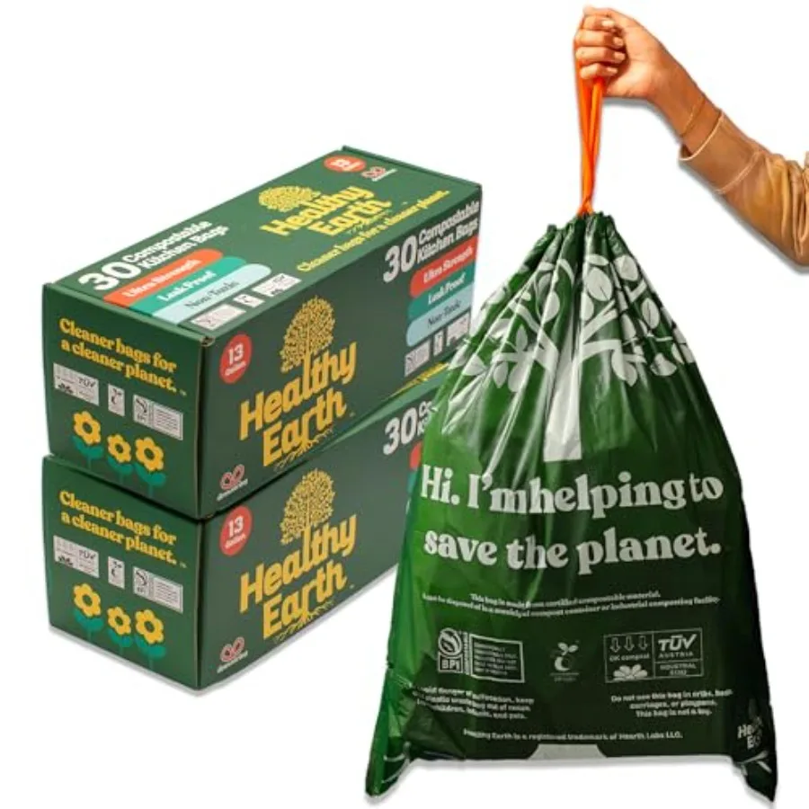 

13 Gallon Compostable Drawstring Trash Bags 1.13 Mil Extra Thick Tall Kitchen Liners 49.2 L Heavy Duty Leak-Proof Food Scrap Ba
