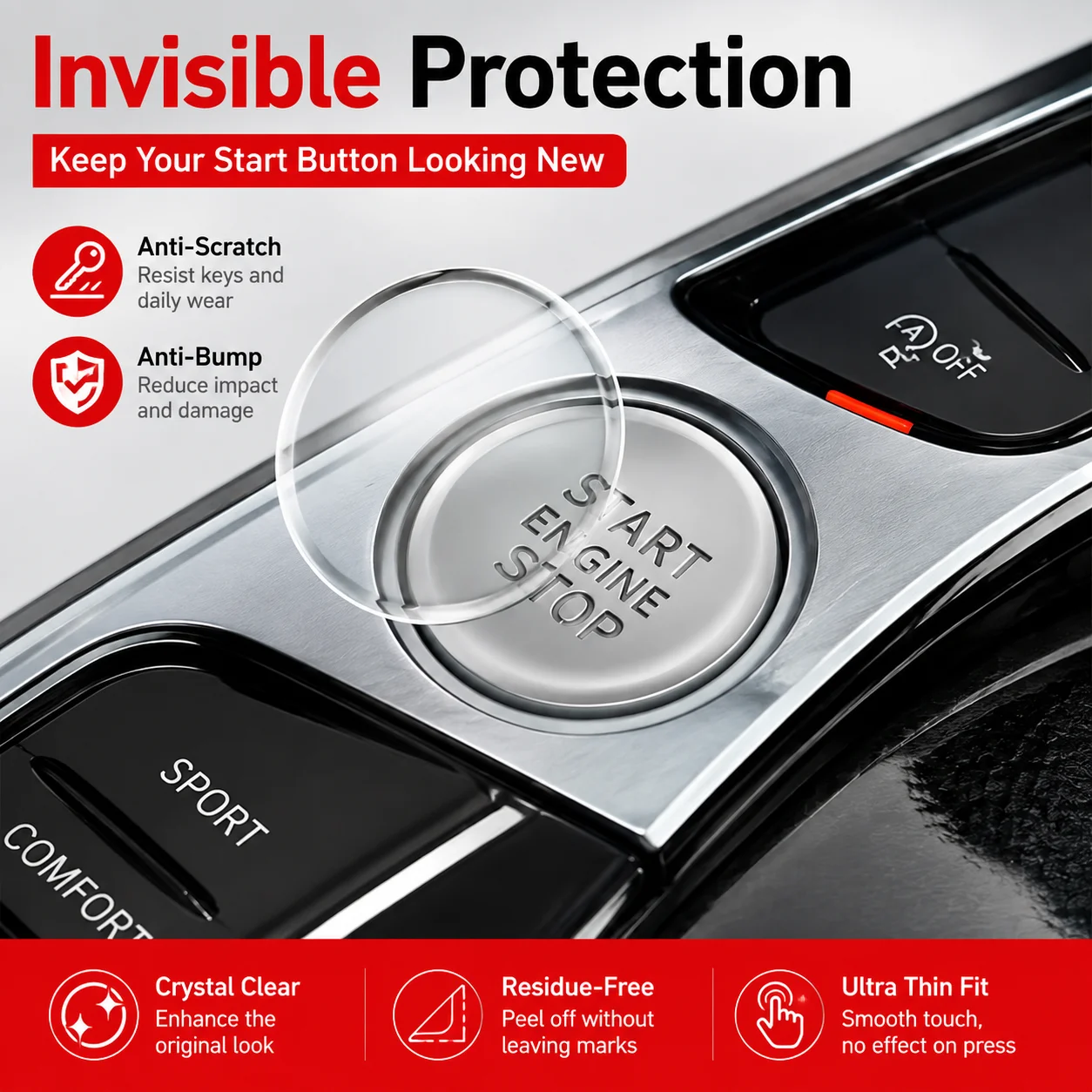 Transparent Car Start Stop Button Protector Film Clear Scratch Resistant Interior Switch Cover Easy Press Fit - view 4