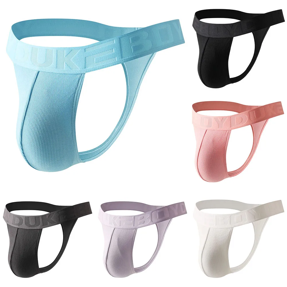 Mens Ribbed Thong Underwear Elastic Low Waist Briefs T-Back Solid Color Comfortable Breathable Underpants