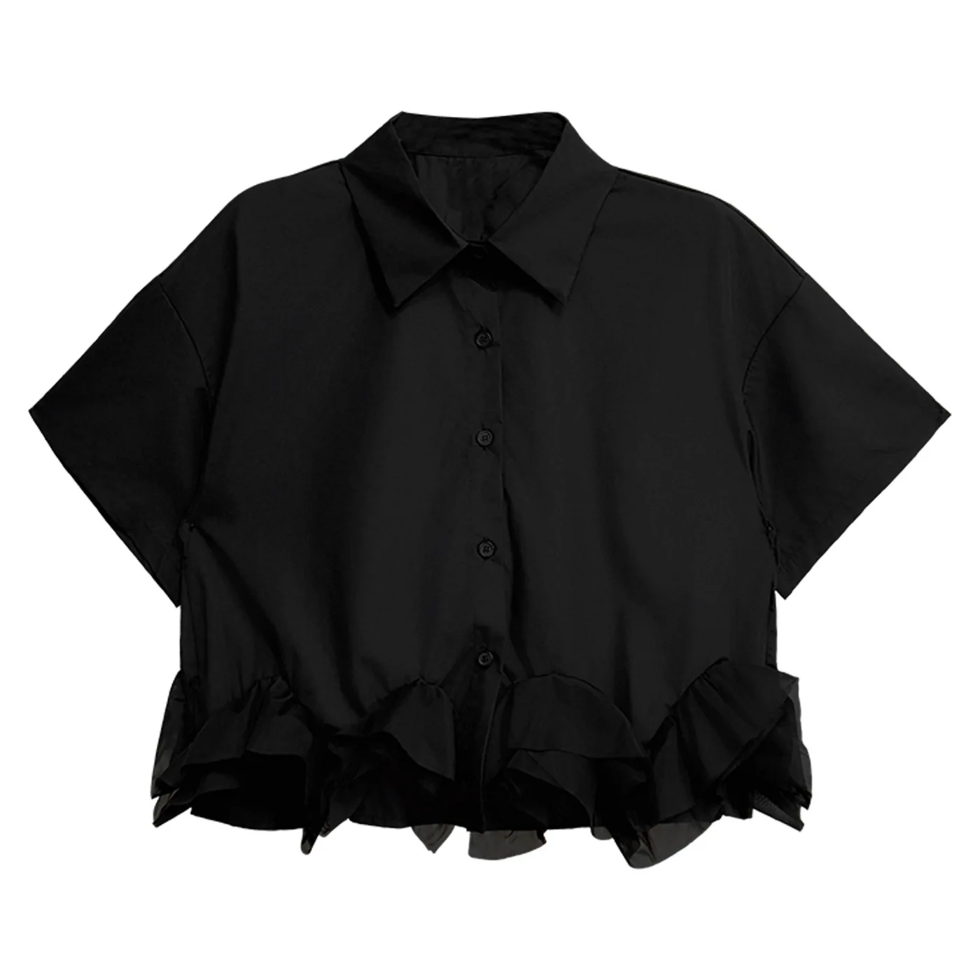 

High Street Dark Style Solid Color Top 2026 Summer Black Ruffled Shirt Women XY52