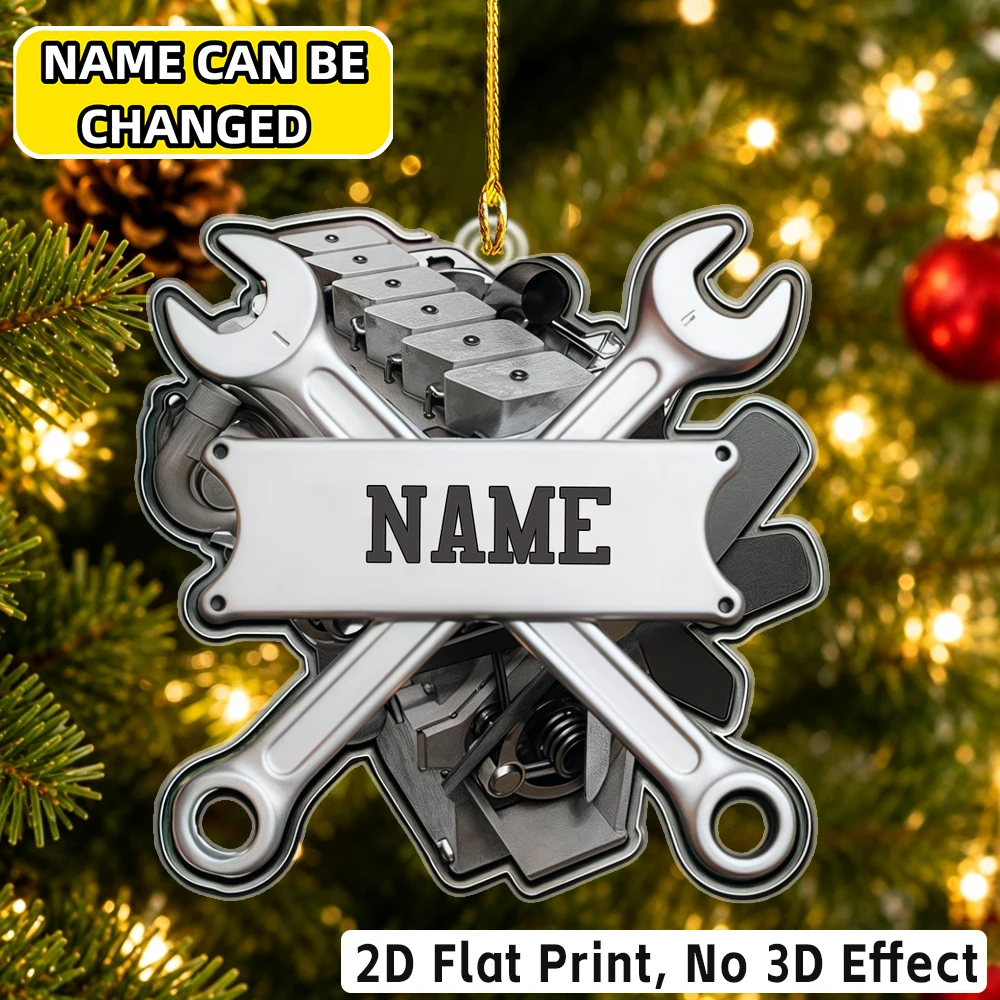 2D Flat‑Custom Name Irregular Acrylic Ornament,Cross Wrench Machinery Part Pattern,Xmas Tree Hanging Pendant Holiday Gift