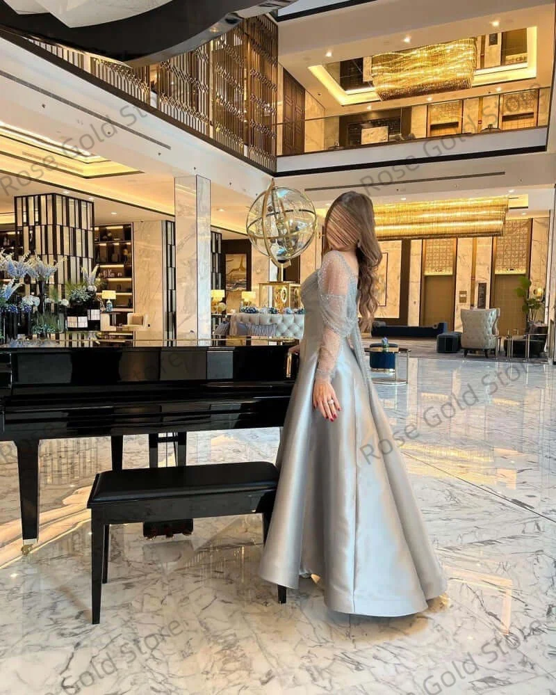 여성용 그레이 클래식 이브닝 드레스, A라인 칼라 프롬 가운, 긴 소매 맞춤형 플로어 기장 스테인 파티 드레스