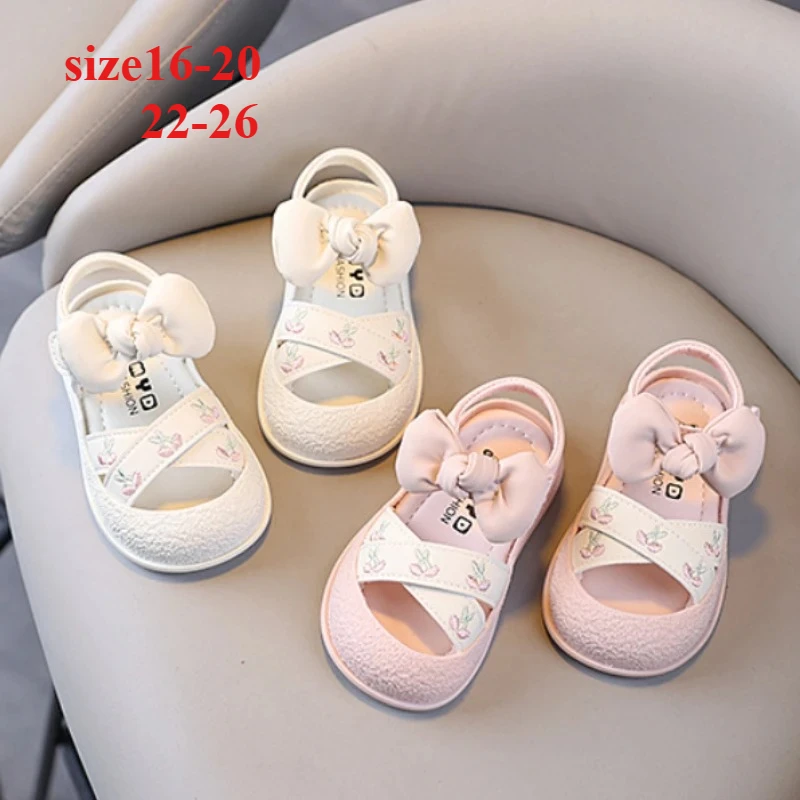 Cute Bow Decor Baby Girls Summer Sandals, Lightweight Soft Bottom Footwear, Ideal First Walker Shoes for Beach