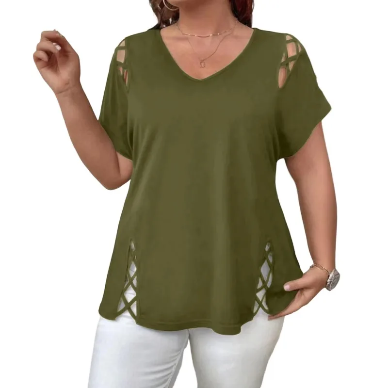 Plus Size Short Sleeve T-Shirts Women's Summer Loose Hollow Out Tops Casual Solid Color V-neck Plus Size Top Daily Basic Tee