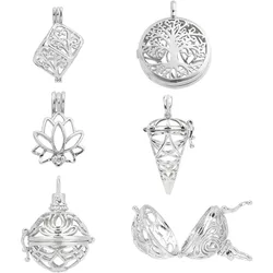 10Pcs 5 Styles Cage Charms Brass Locket Charms Stone Holder Necklace Silver Hollow Spiral Bead Cages Lotus Tree of Life Charms