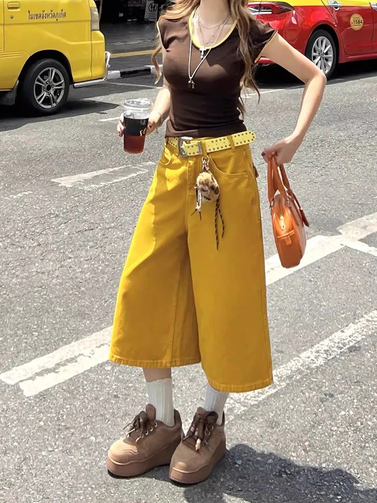 ReddaChic Women's Baggy Jean Jorts Lounge Simple Colorful Denim Straight Wide Leg Bermuda Short Pants Korean Retro Everyday Wear view 3