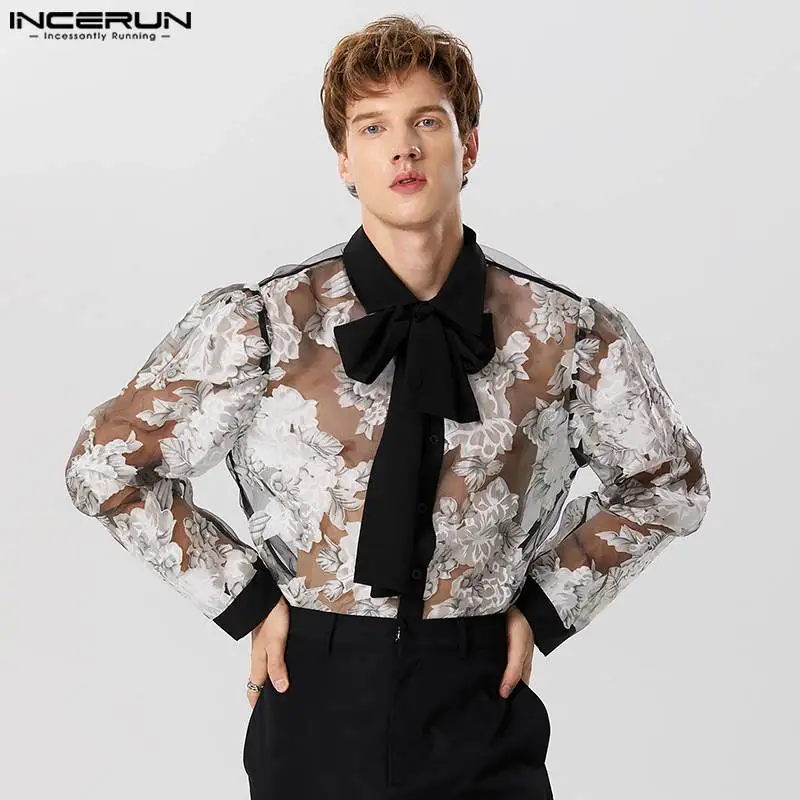 2023 Men Shirt Patchwork Mesh Printed Lace Up Lapel Long Sleeve Sexy Men Clothing Streetwear Transparent Fashion Camisas INCERUN