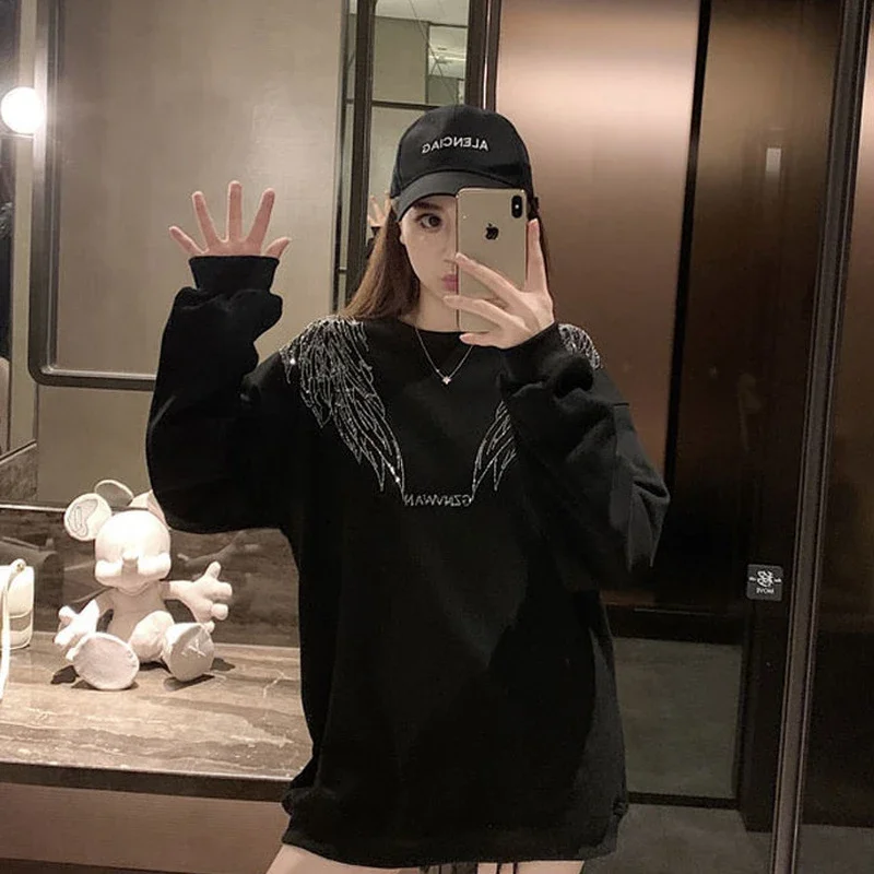 Female Streetwear Sweatshirt Grunge Plain Gothic Emo Graphic Tops Rhinestone Hippie Y2k Clothes for Women Black Pullover Autumn