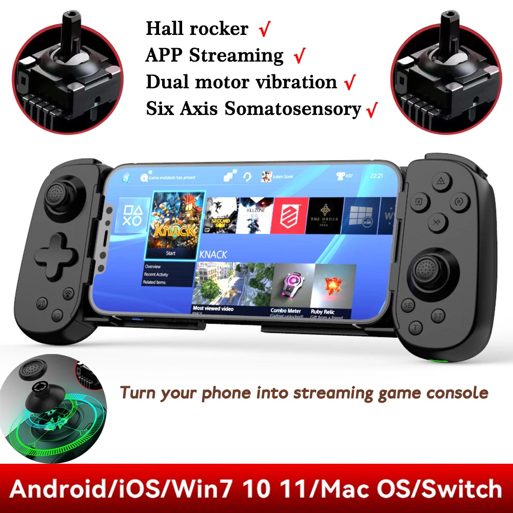 D6 Wireless Gamepad Stretching Extendable Gaming Controller Bluetooth Handle Pad for Phone Android iOS Switch Steam Link Stream