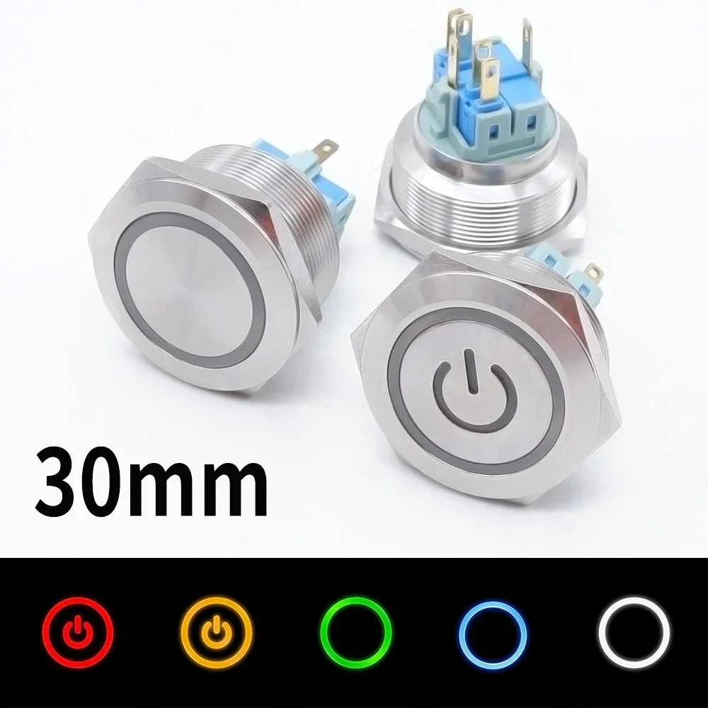 

10PCS 30mm Metal Push Button Switch Stainless Steel Waterproof Illuminated Momentary/Lock Ring Round Power LED Light Flat