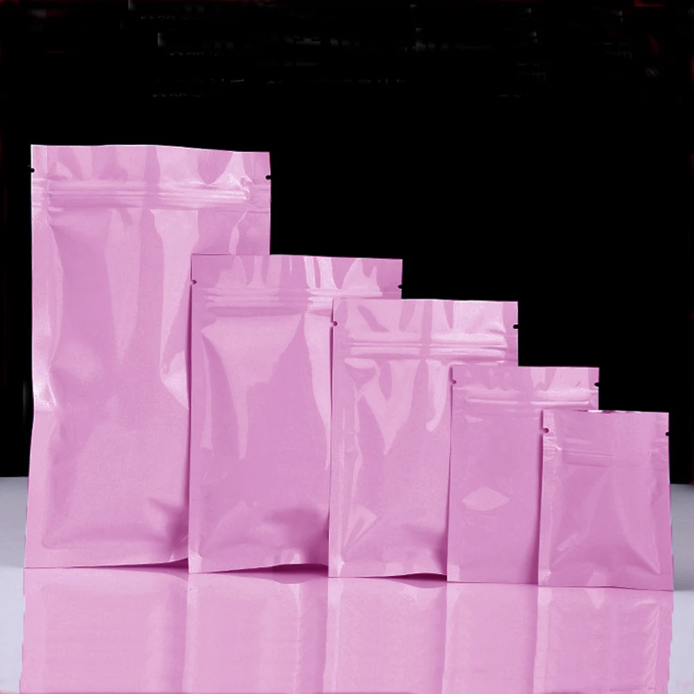 

Pink Colored Glossy Reclosable Zip Lock Aluminum Zipper Package Bag Flat Self Sealing Ziplock Food Smell proof Storage Pouches