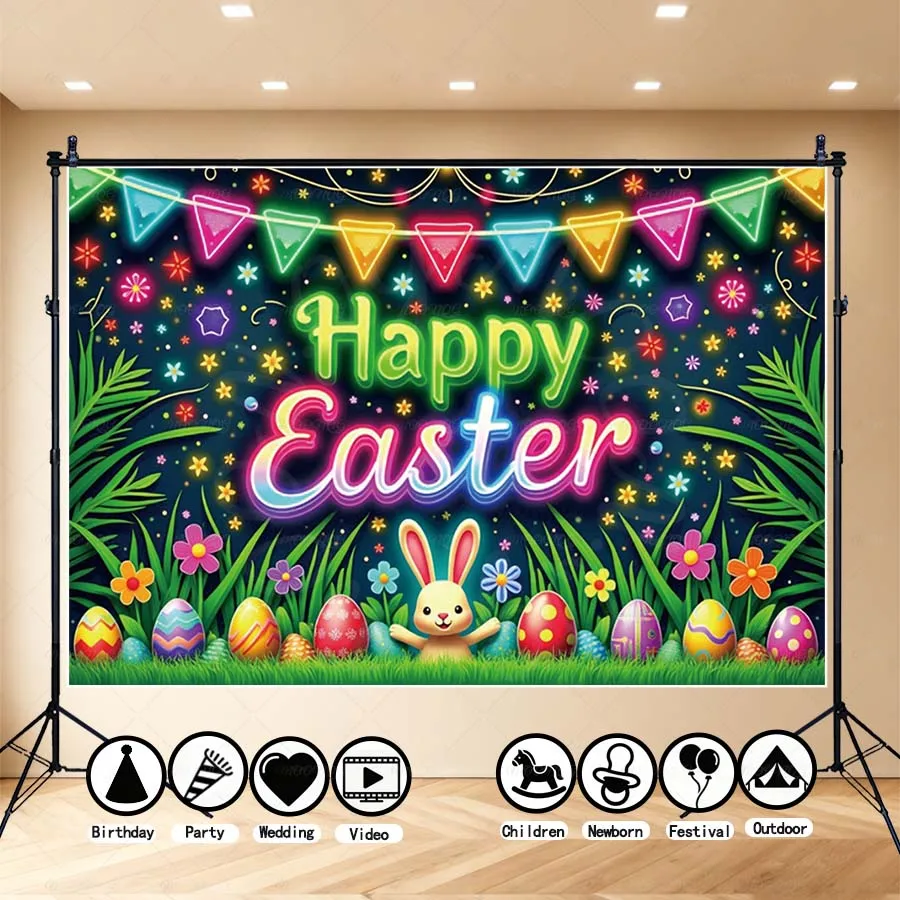 

MOON.QG Easter Day Banner Backdrop Photography Colorful Egg Flower Bunny Photo Background For Kid Party Festival Decoration