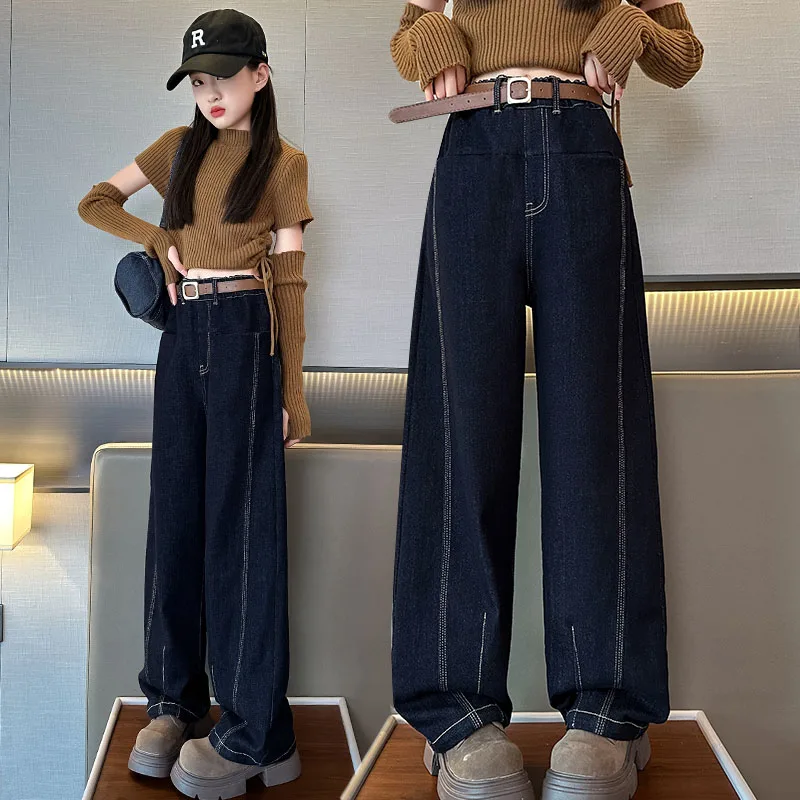 

Girl Jeans Ages 4-14Y Child Pants Tween Kid Contrasting Color Line Denim Students Loose Black Long Trousers Toddler Autumn Jeans