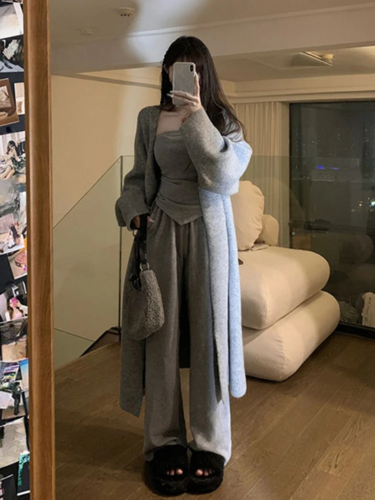 2023 Winter Korean Fashion Knitted Pant Suits Women Casual Elegant Cardigan + Y2K Crop Tops 3 Piece Set Office Lady Long Pants