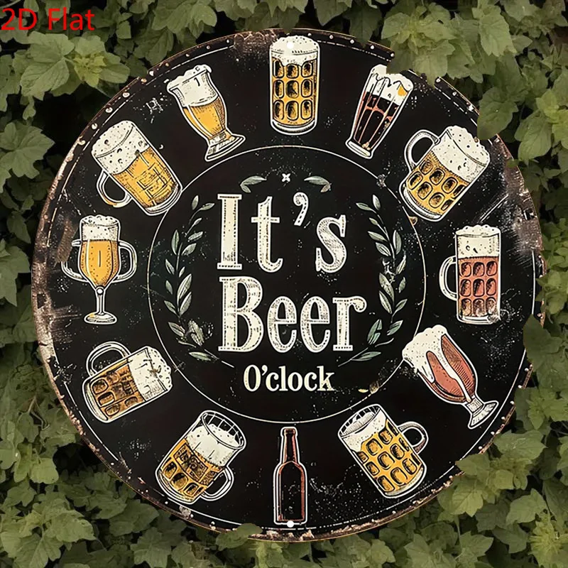 1 Stück Vintage-Metallschild „It'S Beer O'Clock“, lustiges Bier-Thema, rundes Poster aus Eisen, lebendig und verspielt