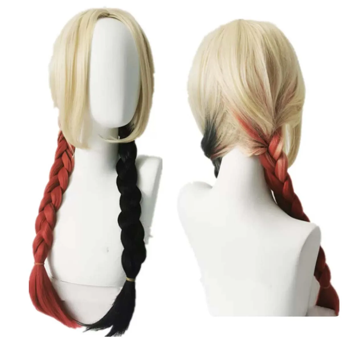 Peluca de cosplay Quinn para mujer, peluca de pelo trenzado rojo y negro con 2 coletas estilo Harley