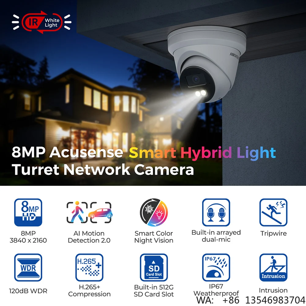 Hik Vision 4MP 8MP Turret Motion Detection Smart Hybrid Light Two Way Audio 4K AI Network Camera Acusense Security PoE IP Camera