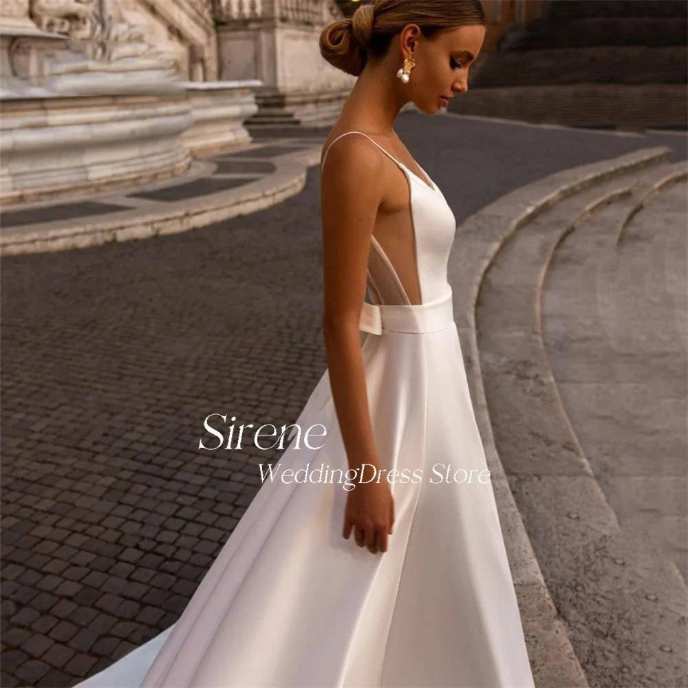 Sirene Spaghetti Strap Satin Wedding Dress Elegant A-line Deep V-neck Sleeveless Backless Bride Gowns Simple Vestidos De Novia