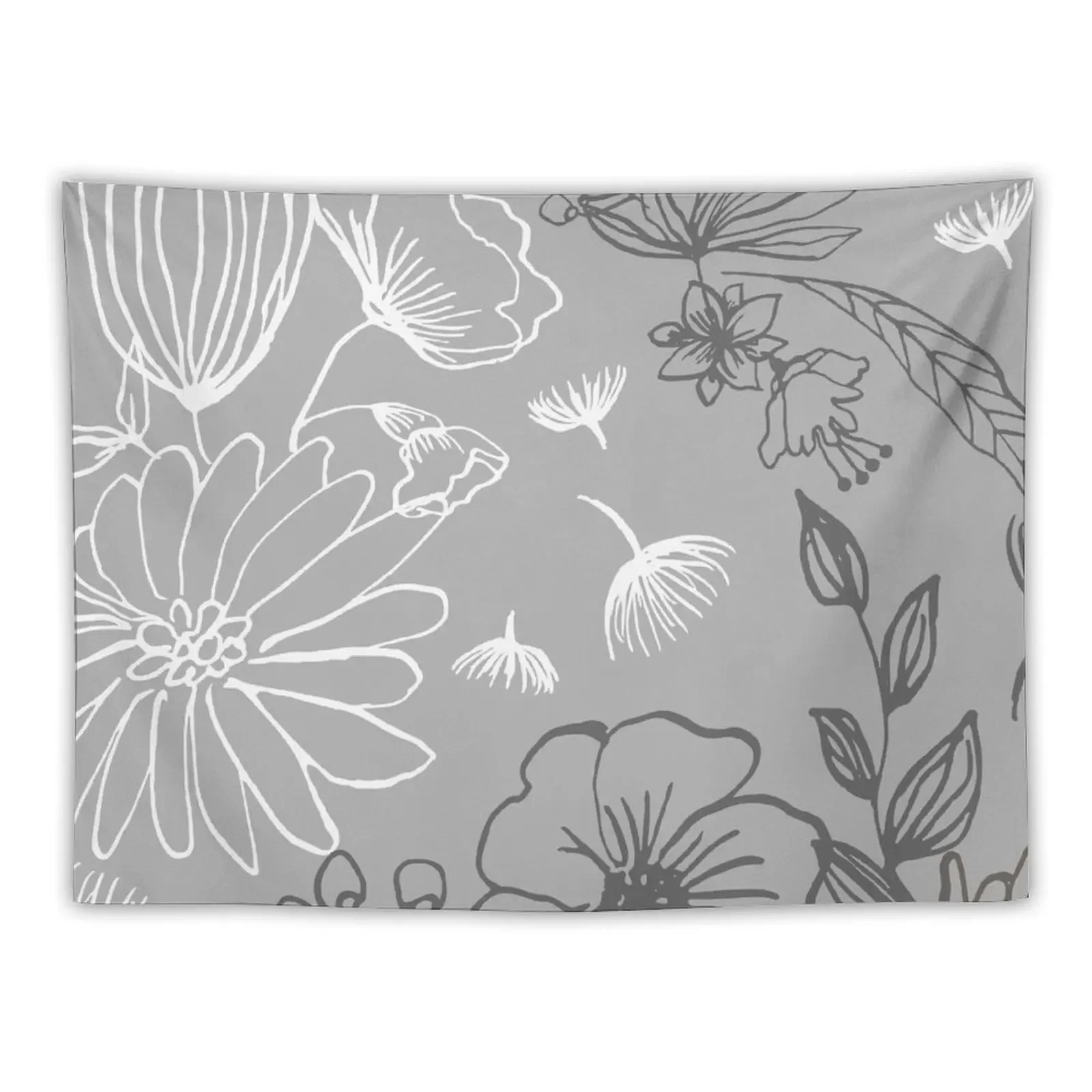 

Line Art Flowers, Drawing, Illustration, Gray, Charcoal, White Tapestry Wall Deco Room Decor For Girls Tapestry