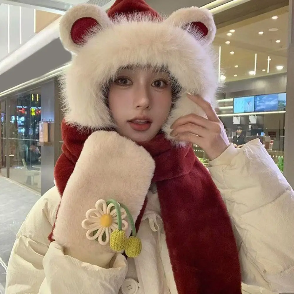 قبعة نسائية دافئة على الموضة مع وشاح مقاوم للبرد والرياح من قطعة واحدة قبعات أوشحة على شكل زهرة دافئة للأذن قبعة حماية للخريف والشتاء #2