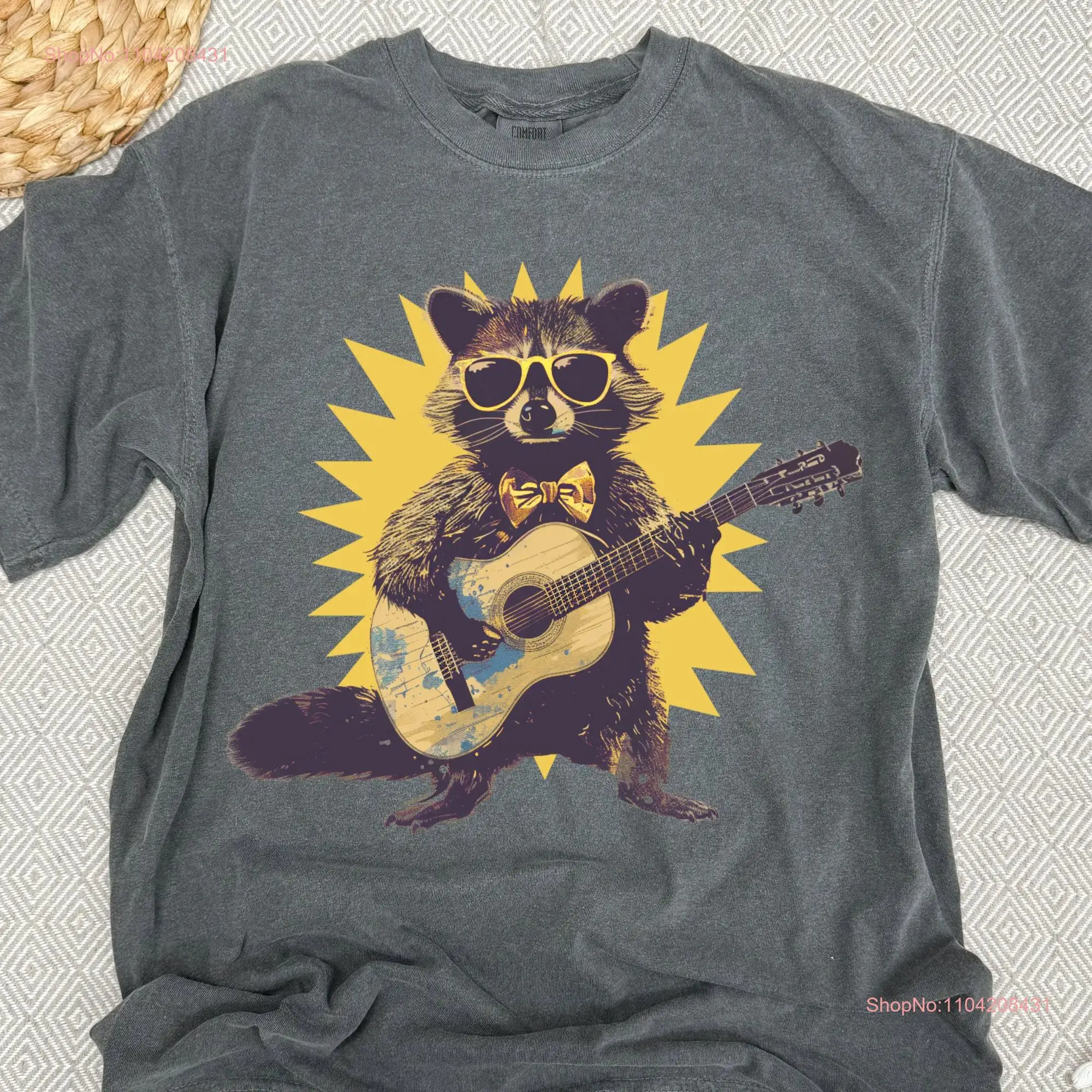 Cool Raccoon Playing Guitar T Shirt Vintage Style Rocker with Sunglasses and Bow Tie Perfect for Music Lovers