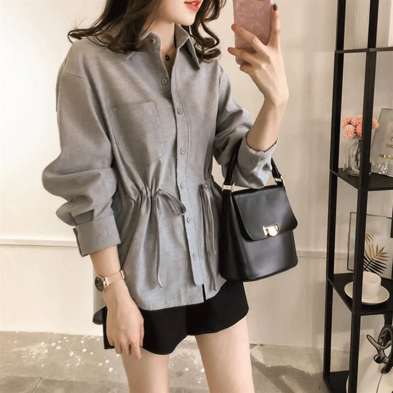 

Casual Cotton Linen Long Sve irt Women's plus Size Loose Faionable Top Korean Sle Straight Cut Commute Wind Pure Color