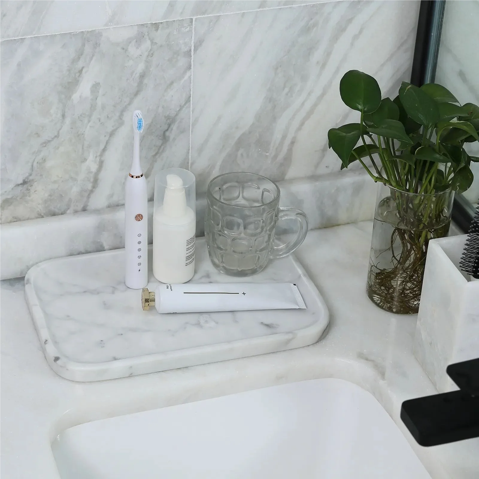 صينية رخامية، صواني من الحجر الطبيعي 100% للزينة، تخزين للحمام والمطبخ والعطور ومستحضرات التجميل والقهوة والمجوهرات طبق مستطيل