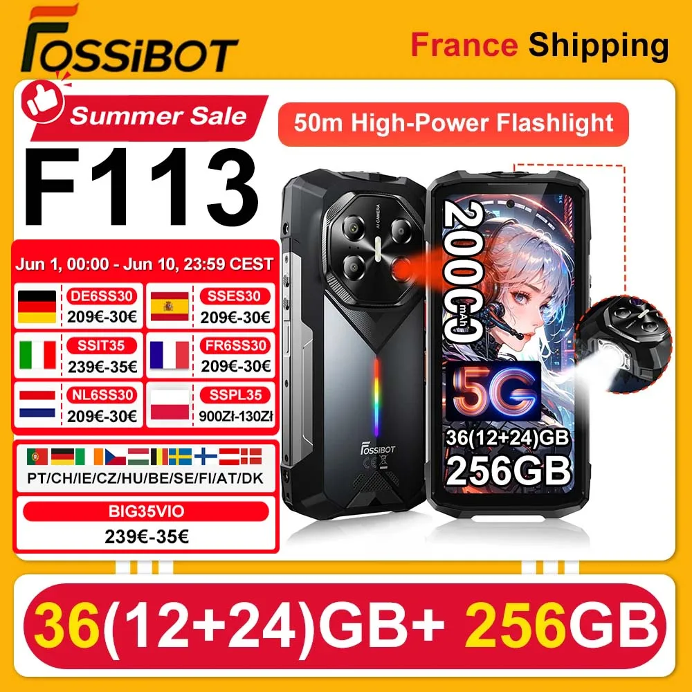 Smartphone Ruggedisé FOSSiBOT F113 5G 36(12+24)Go+256Go Batterie 20000mAh Téléphone Portable 33W Android 15 NFC Lampe de Camping 64MP 120Hz