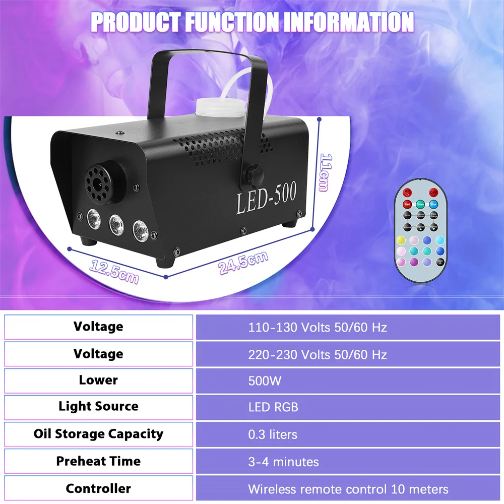 DayFlicker 500W RGB Smoke Machine Wedding Smoke Fog Machine Parties Club Remote Fog Ejector for Concert Party Stage Effects