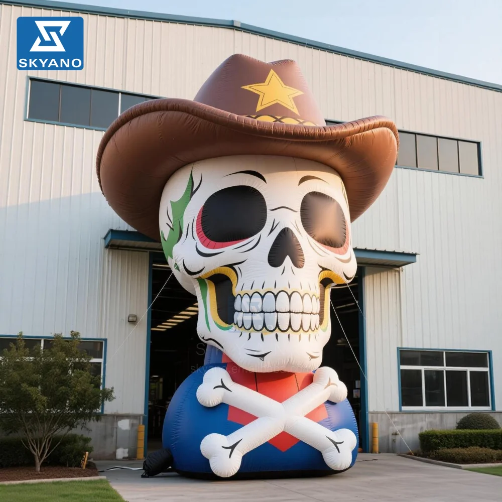 Inflatable Skeleton Head an Inflatable Skeleton Head Wearing a Cowboy Hat Suitable for Halloween Parade Activities