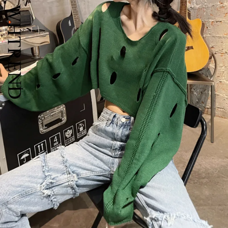 

WHTREND American Style Crop Top Knitted Sweater For Women New Autumn Loose Long Sleeves Hollow Out Fashion Outfit WH1421