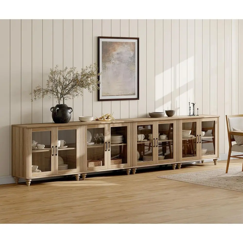 

Large Oak Kitchen Storage Cabinet with 8 Glass Doors, Ideal for Coffee Bar or Dining Room, 136 inches