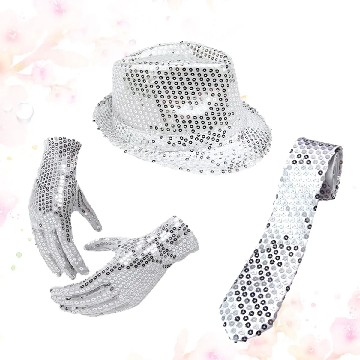 

3pcs Sequin Accessory Sets Silver Hat Size Tie Glove Lightweight Dance Costume For Adults Jazz Party Festival Wear Novelty