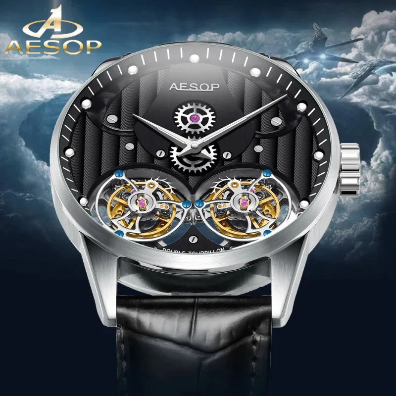 AESOP Luxury Dual Tourbillon Wristwatches Men Sapphire Glass Leather Strap Gentleman Skeleton Hollow Mechanical Waterproof Watch