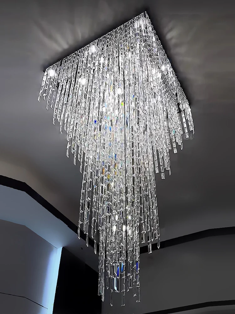 Luxury Glittering Waterfall Crystal High Ceiling Chandeliers LED Hotel Designer Hall Hanging Lamps Hall Lights Cottage Lustres