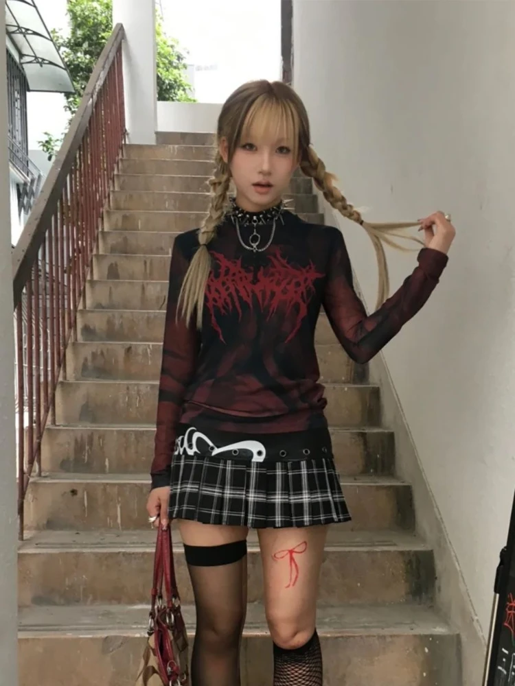 

Deeptown Y2k Gothic Vintage Graphic Women T-Shirts Grunge Aesthetics Long Sleeve American Style Tees Slim Harajuku Punk Gyaru