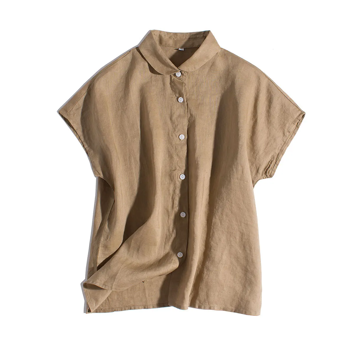 

Dave&di Spring Pure Linen Shirt Women's White Artistic Loose Casual Short Sleeved Top Round Neck Slimming Stripe