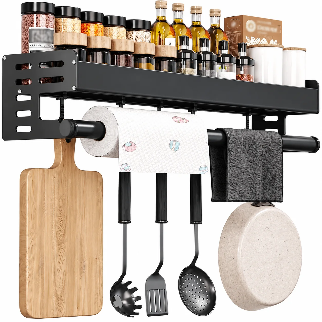 Multifunktionales Gewürzregal mit Haken, aus Aluminium, zur Wandmontage, Küchenutensilienhalter, Aufbewahrungsregal für Gewürzgläser, platzsparendes Regal für das Badezimmer, Shampoo-Regal, Gewürz-
