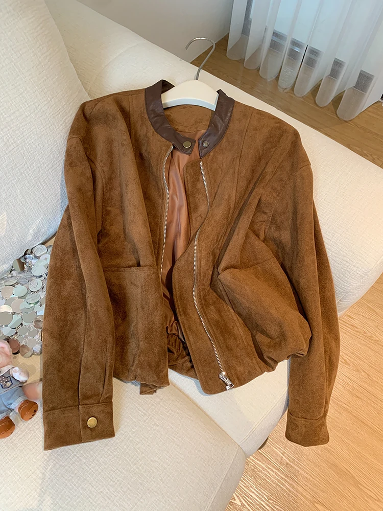 Ele レトロ スエード レザー ジャエット レディース カジュアル スタンドカラー パッチワーク アウター 春秋 多用途 美しいコート