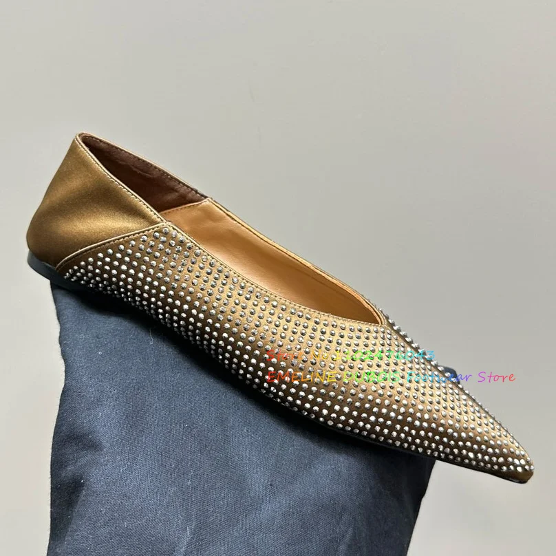 Rhinestone Silk Pointed Flat Shoes Women Two Wear Half Drag Muller Shoes Soft Leather Slip On Single Shoes Casual Flats