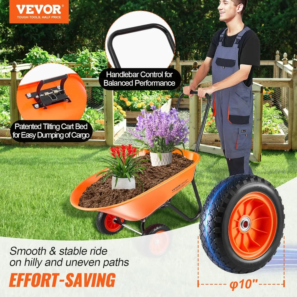 VEVOR Wheelbarrow Cart, 5 Cu. Ft. Load & 397 lbs Capacity, 2 Wheels Garden Dump Cart, Garden Wagon with Handle & 10 Wide Track W