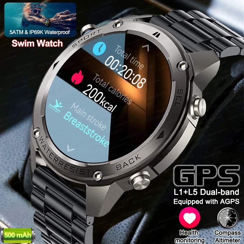 

2025 New Military Outdoor Dual-Band GPS Track Smartwatch Men Bluetooth Call Compass Swimming Grade 5ATM Waterproof Smart Watches
