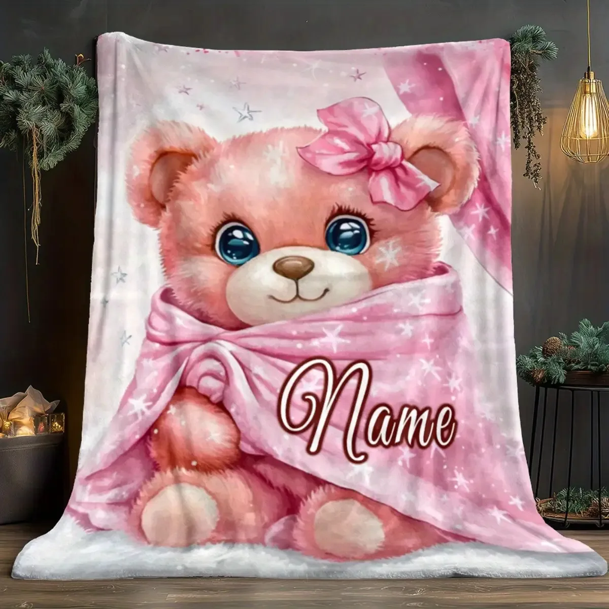Pink Teddy Bear Blanket with Bow Custom Name Girls Fleece Throw Cute Soft Warm All Season Kids Bedding Decor Gift
