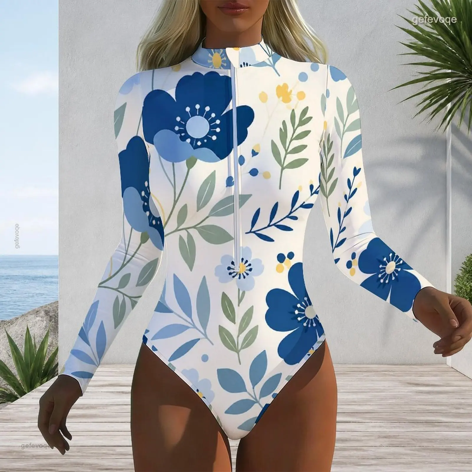 Printed Swimsuit for Women High Neck Front Zip Long Sleeve One Piece