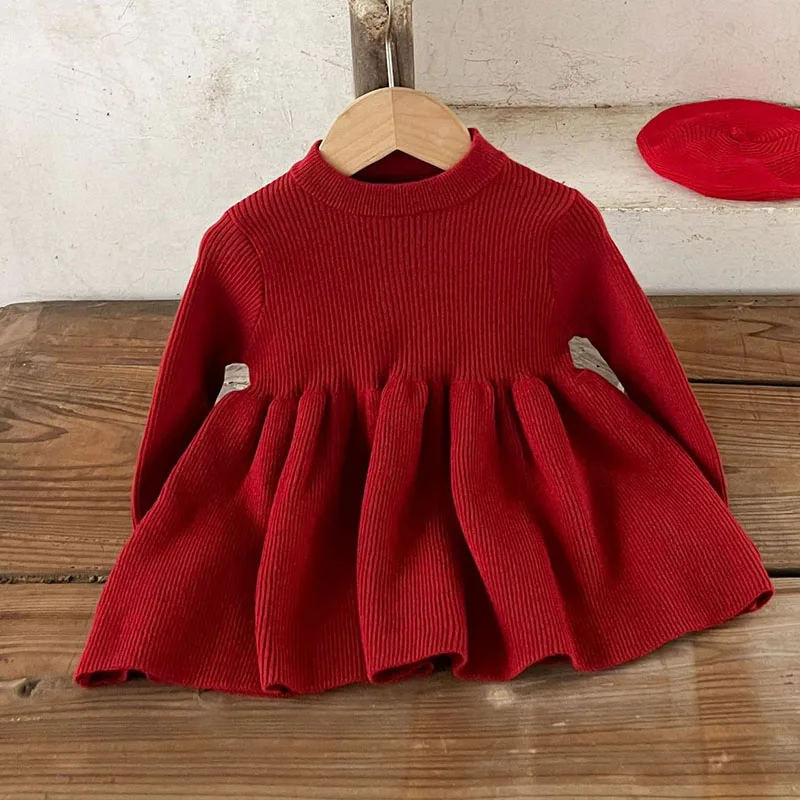 2024 New Autumn European American Style Kids Princess Dresses Long Sleeved Solid Color Knitted Dress Baby Girl Party Dress