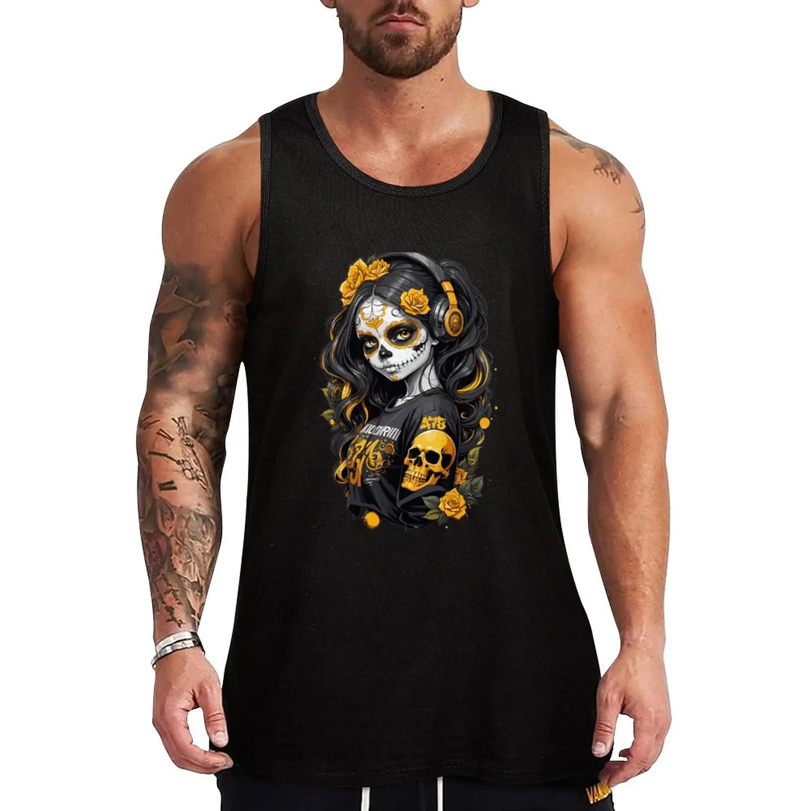 Sugar Skull Girl with Black Hair and Golden Roses Tank Top Cooling Tank Top Breathable Lightweight Summer Wear